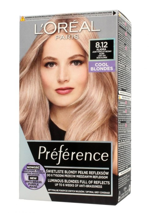 L'Oreal Preference Farba do włosów 8.12 Alaska - Jasny Popielaty Beżowy Blond 1op.