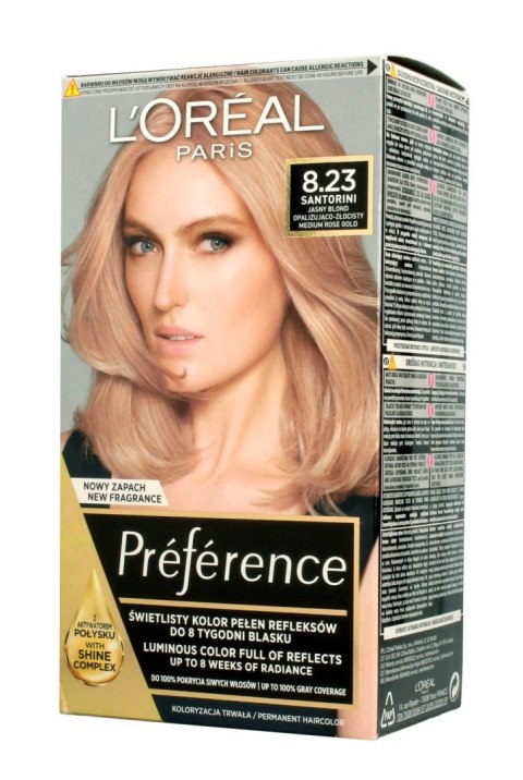 L'Oreal Preference Farba do włosów nr 8.23 Santorini - Jasny Blond Opalizująco Złocisty 1op.