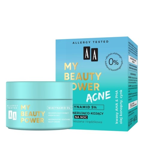 AA My Beauty Power Acne Krem regenerująco-kojący na noc do cery mieszanej i trądzikowej 50ml