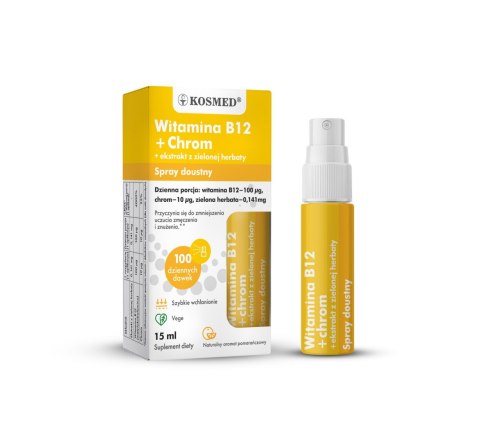 Kosmed Spray doustny Witamina B12 + Chrom + Ekstrakt z Zielonej Herbaty - suplement diety 15ml