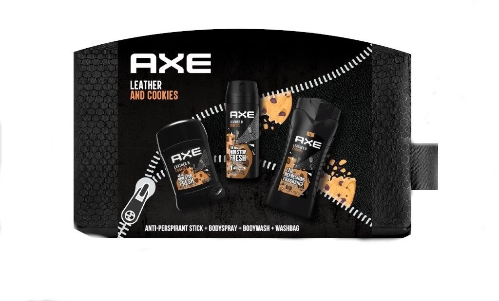 Axe Zestaw prezentowy Leather & Cookie w kosmetyczce (dezodorant spray 150ml+żel pod prysznic 250ml+deo sztyft 50ml)