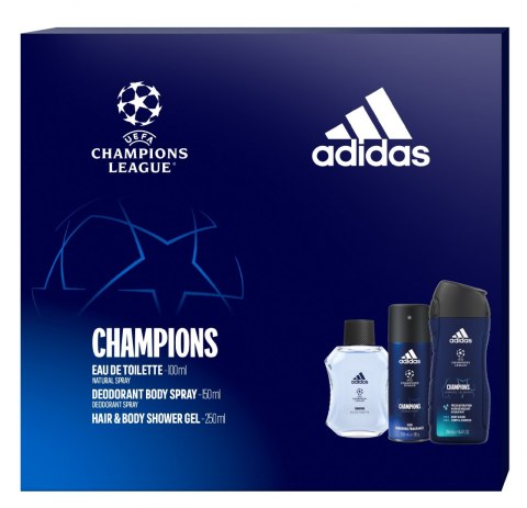 Adidas Zestaw prezentowy Champions (woda toaletowa 100ml+dezodorant spray 150ml+żel pod prysznic 250ml)