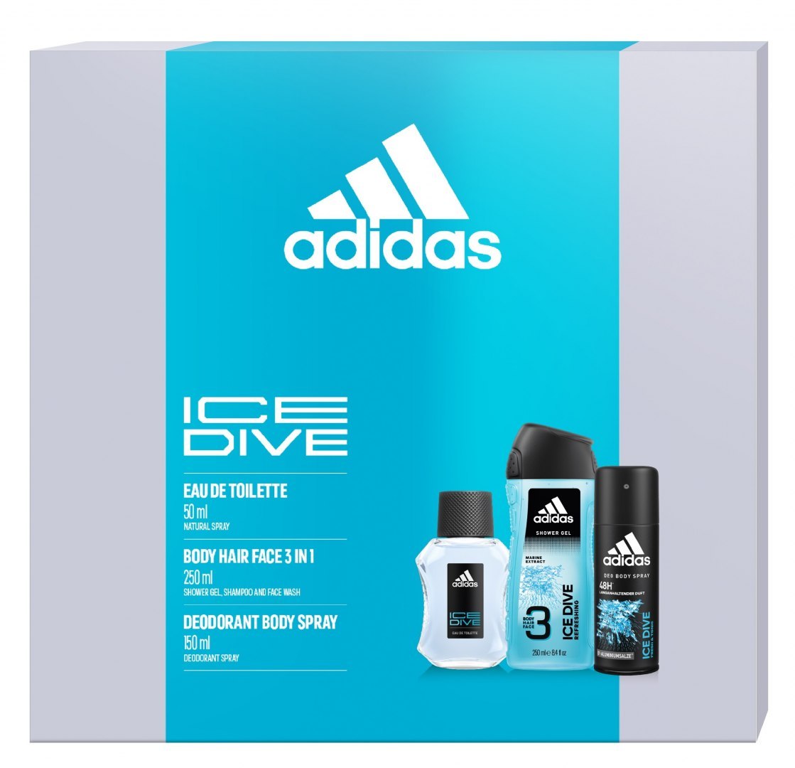 Adidas Zestaw prezentowy Ice Dive (woda toaletowa 50ml+dezodorant spray 150ml+żel pod prysznic 250ml)
