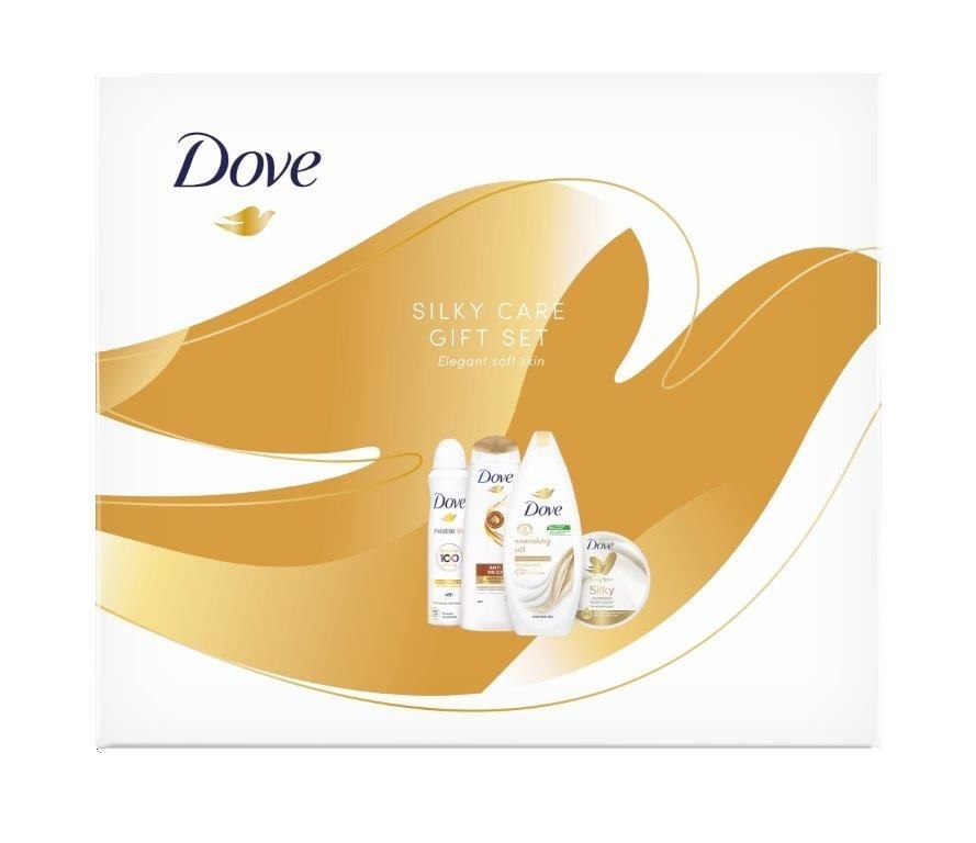 Dove Zestaw prezentowy Silky Care (deo spray 150ml+żel pod prysznic 250ml+krem do ciała 300ml+szampon 250ml)