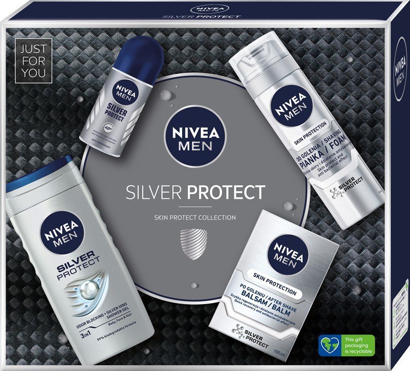 Nivea Men Zestaw prezentowy Silver Protect (żel pod prysznic 250ml+pianka do golenia 200ml+balsam po goleniu 100ml+deo roll-on 5