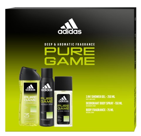 ADIDAS Zestaw prezentowy Pure Game (Dezodorant naturalny spray 75ml+Dezodorant spray 150ml+Żel pod prysznic 3w1)